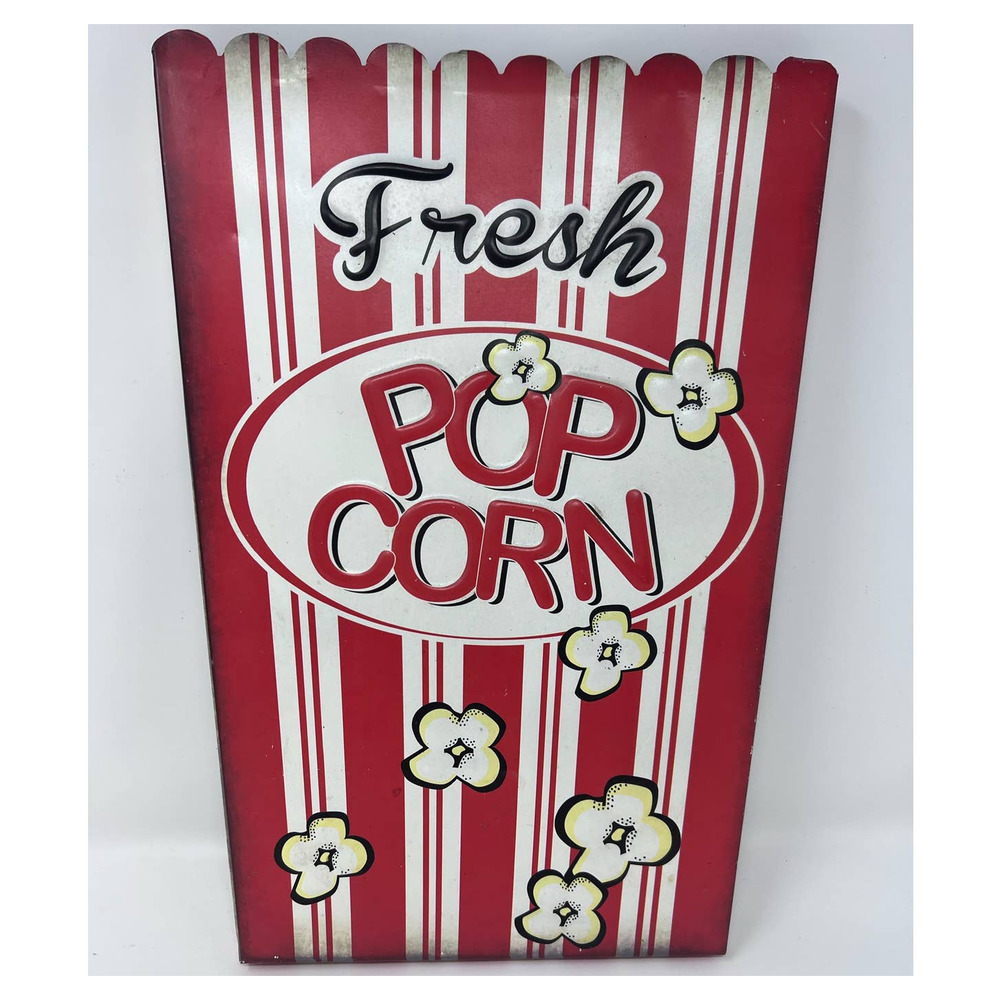 Open Road Brands Fresh Popcorn Sign Embossed Red‎ White Stripes Black 14" Long